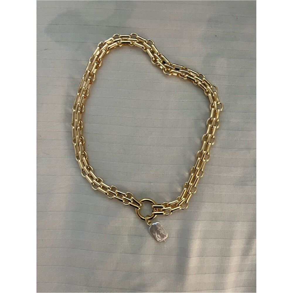 Real Baroque Pearl Gold Toggle Necklace Double-Link Pearl Pendant Chunky Choker